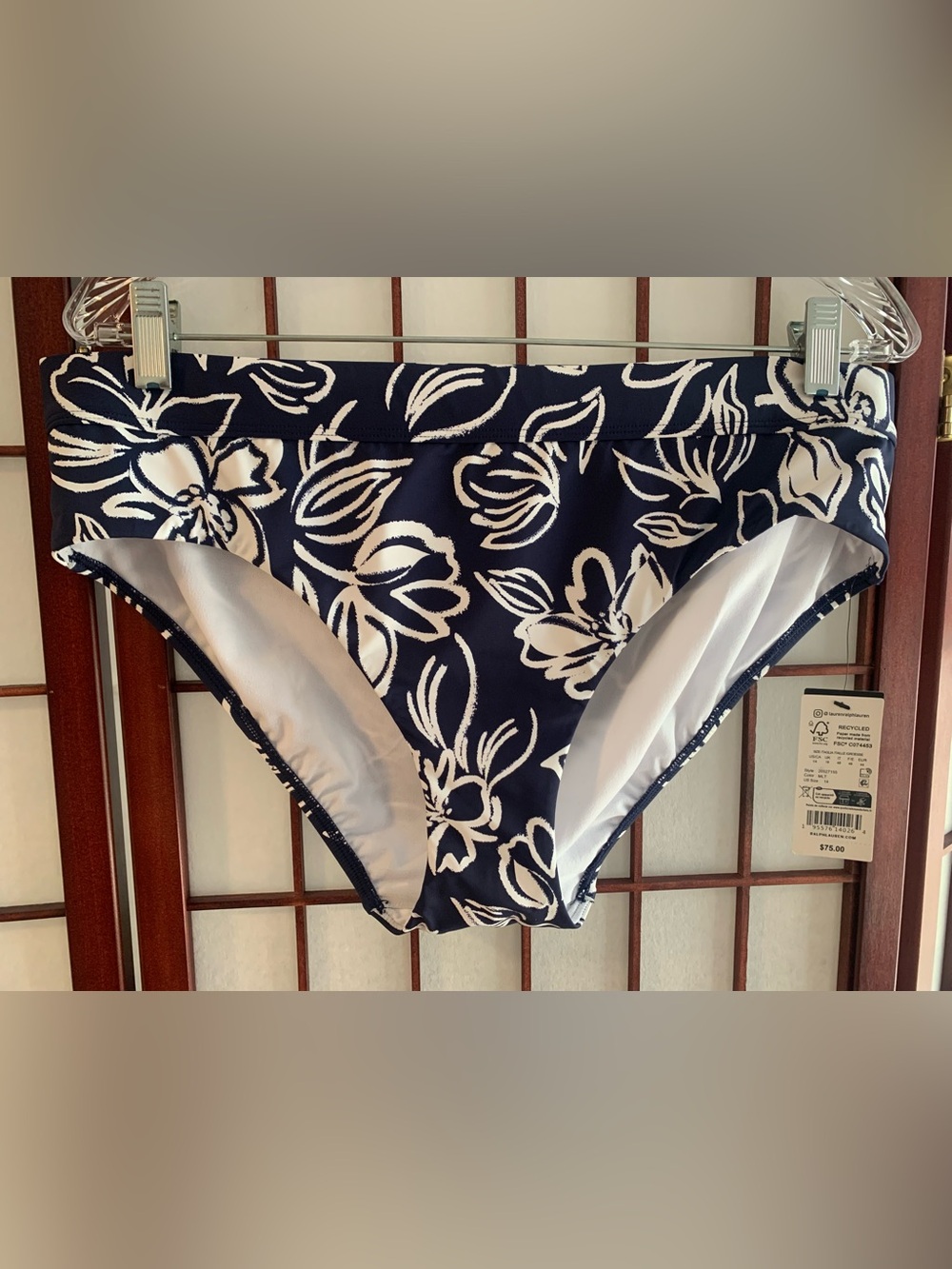 NWT Lauren Ralph Lauren Navy-blue/White Floral Print Bikini Swim Bottoms Size 14